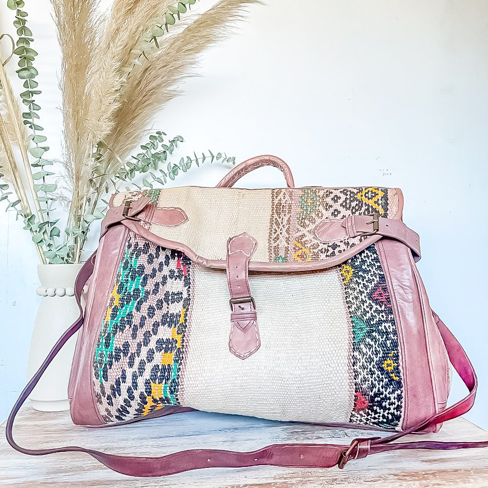 Bolso de viaje de cuero y alfombra kilim marroqui Tichka 3