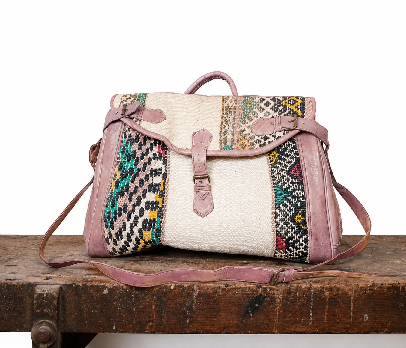 Bolso de viaje de cuero y alfombra kilim marroqui Tichka 3