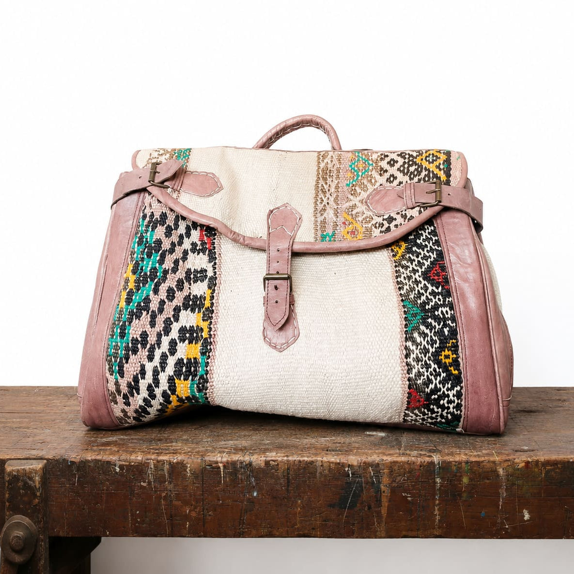 Bolso de viaje de cuero y alfombra kilim marroqui Tichka 3