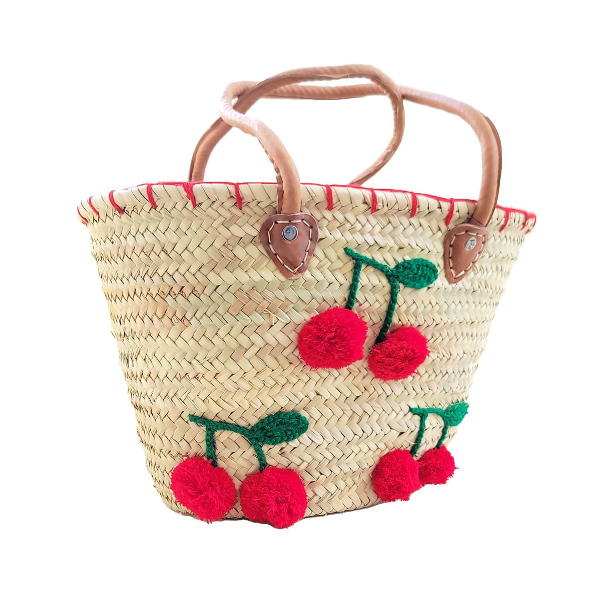 Bolso cesta de doum con tejidos de cherries