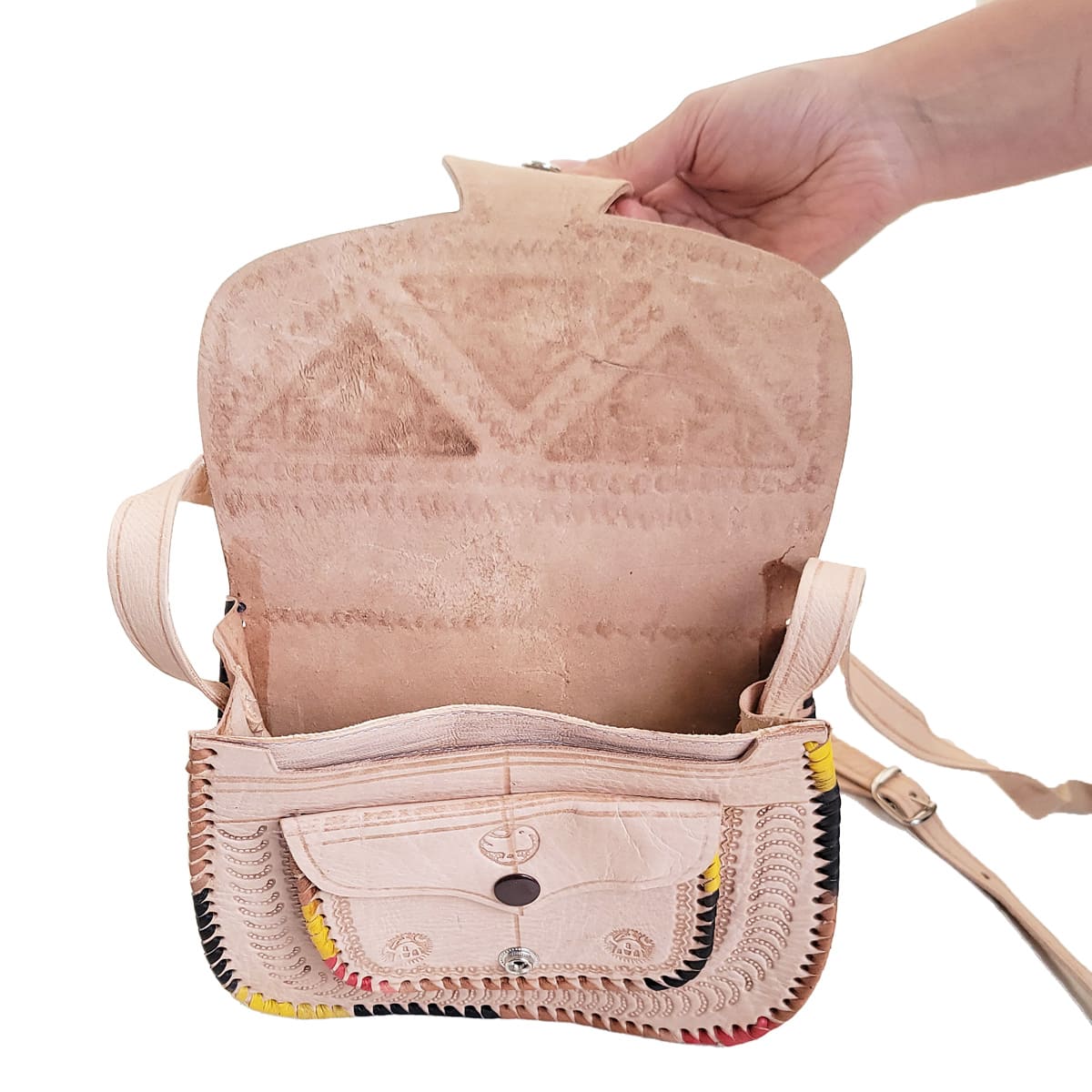 Bolso de cuero palo rosa con broche en punta - bolso étnico