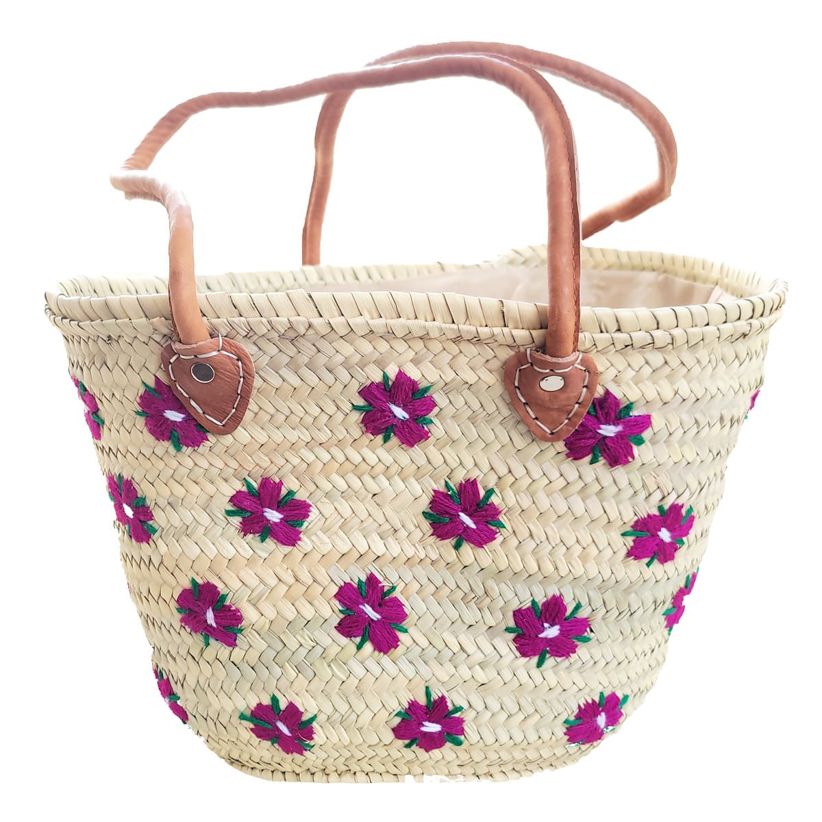 Canasta doum con tejidos de flores violetas