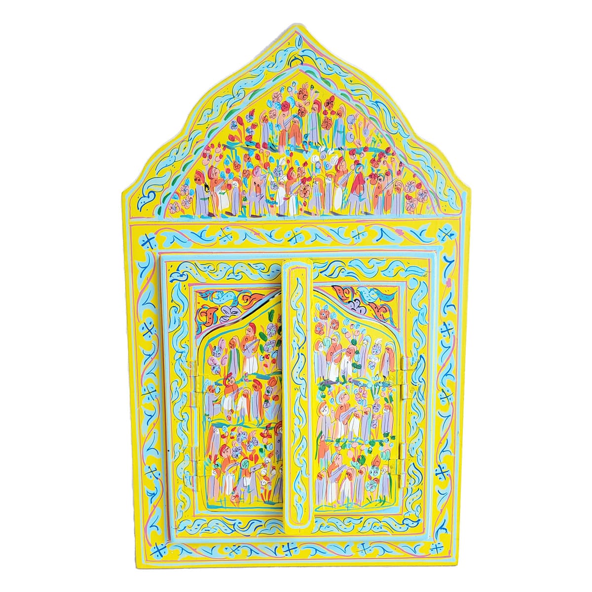 Espejo de madera amarillo pintado con diseños en color celeste