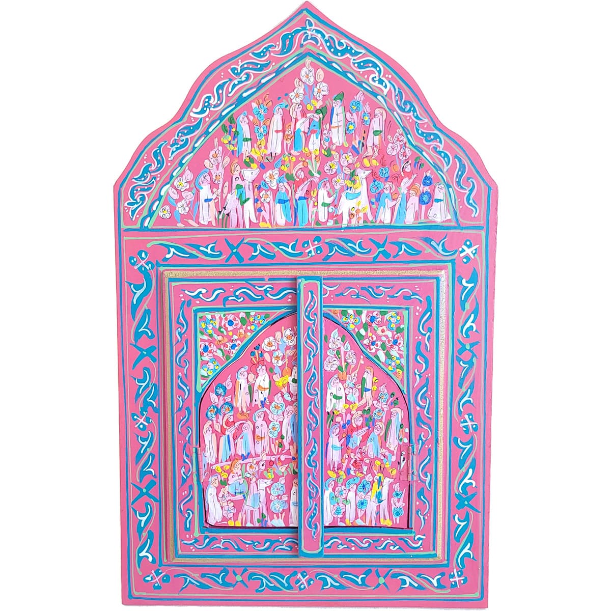 espejo de madera rosado pintado con diseños en color azul