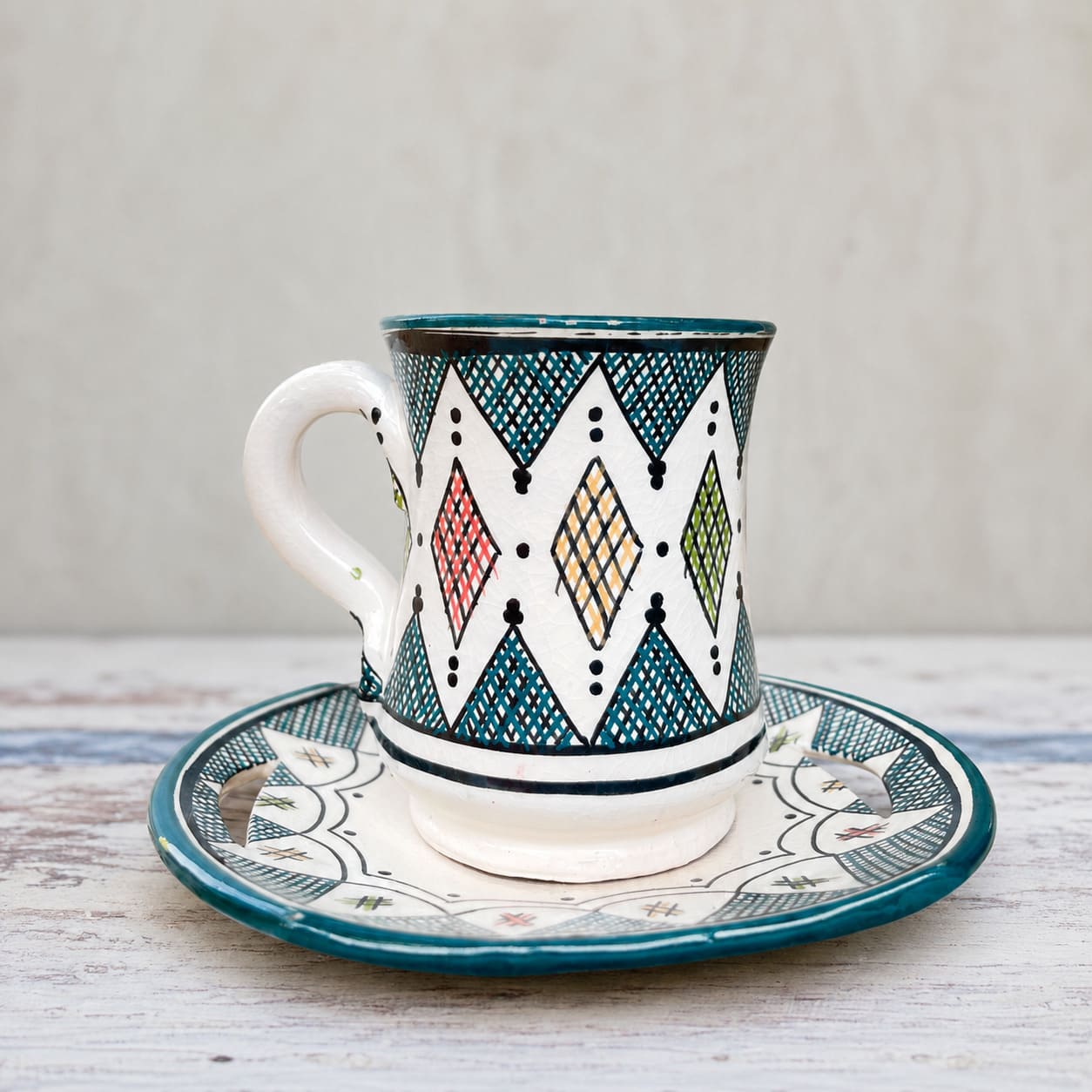 Mug Marroquí Verde - Taza de té + plato hechos a mano