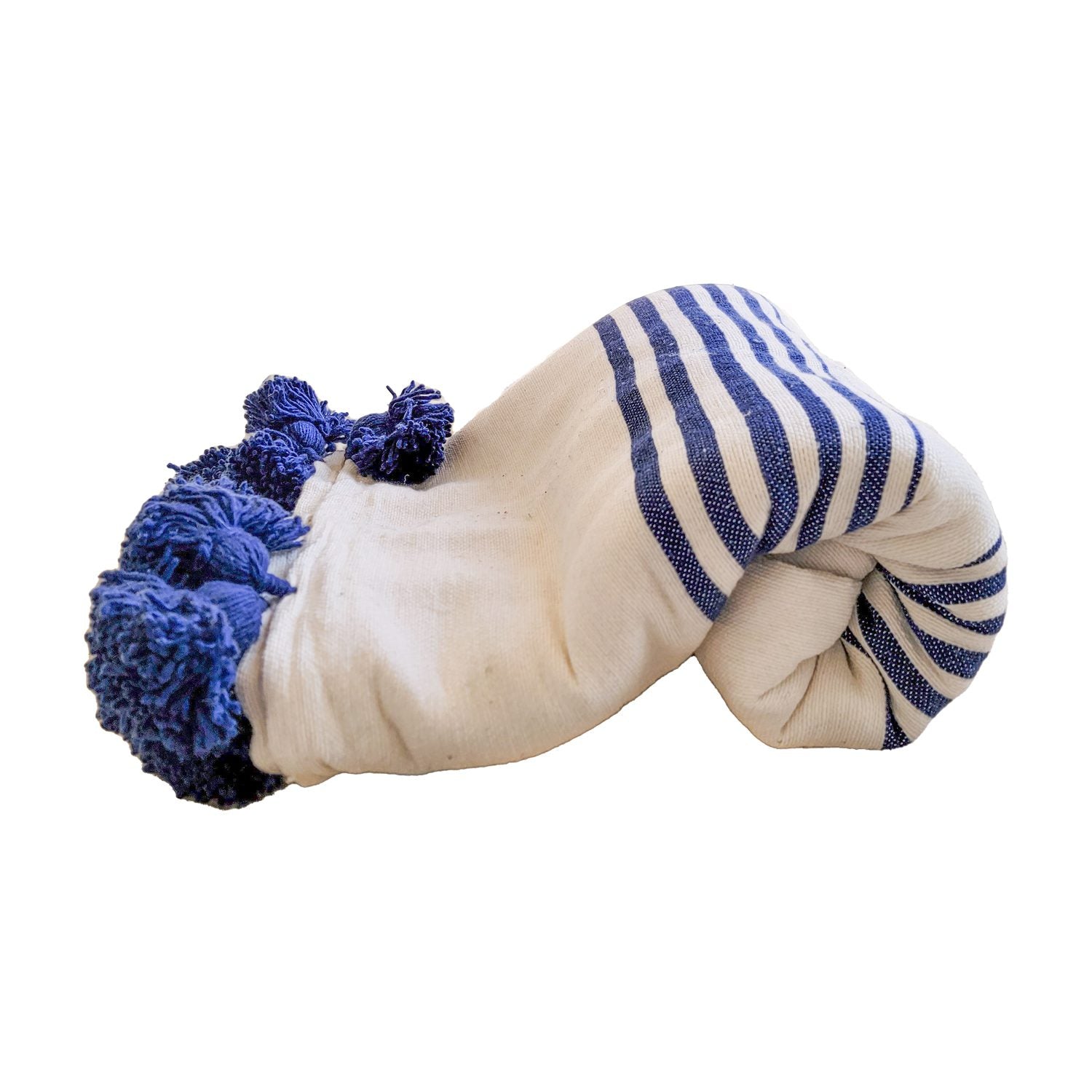 Manta Blanca con lineas azules y pompones azules