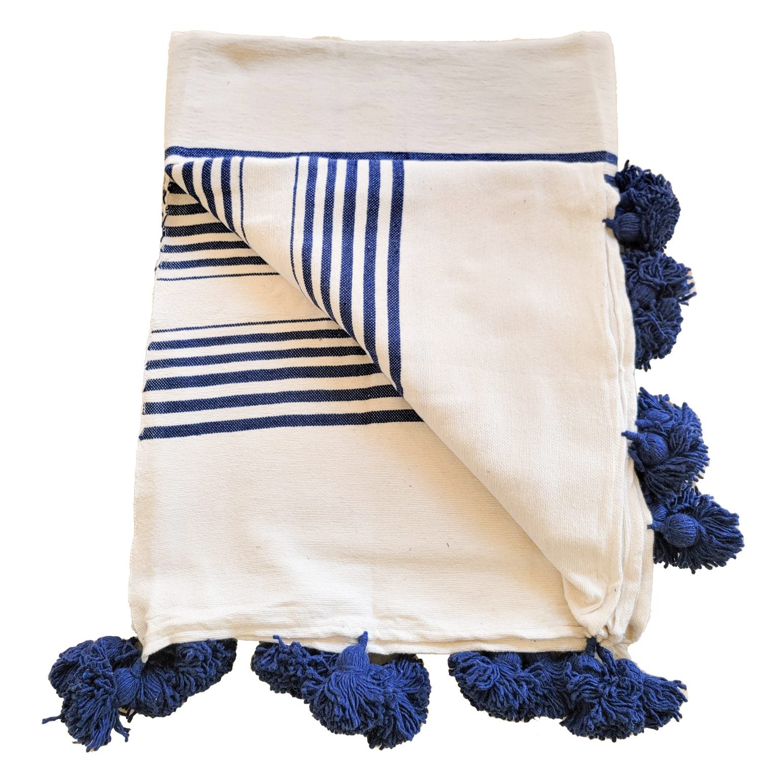 Manta Blanca con lineas azules y pompones azules