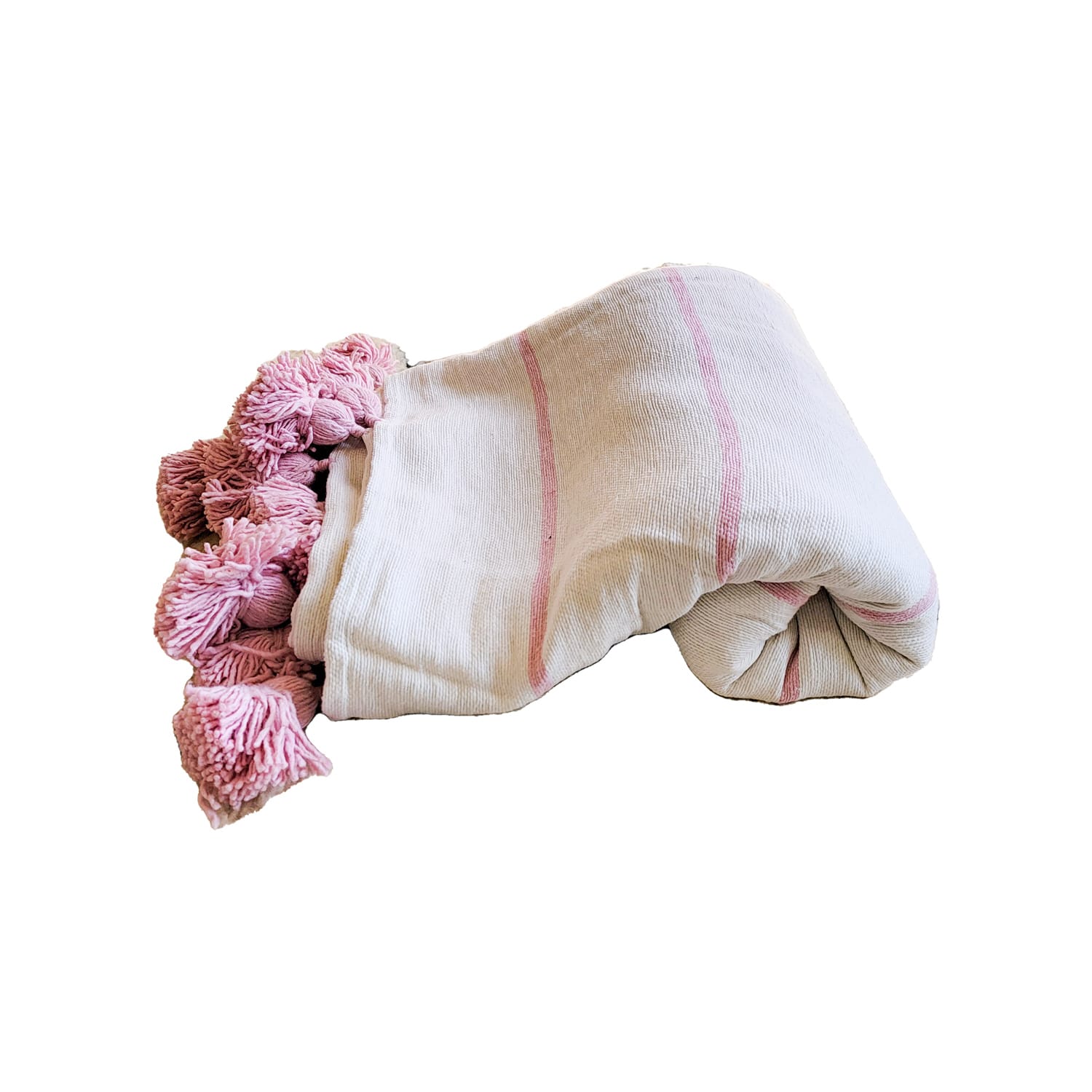 Manta blanca con lineas y pompones rosadas