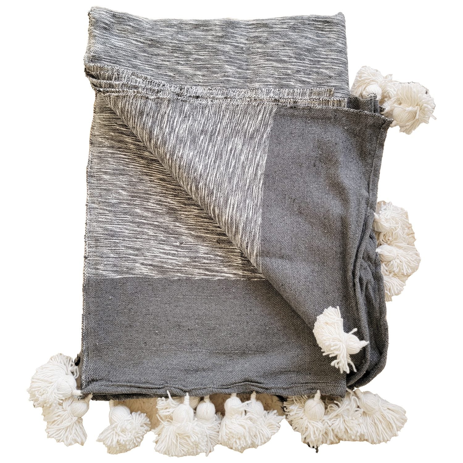 Manta gris y blanco de algodón con pompones blancos