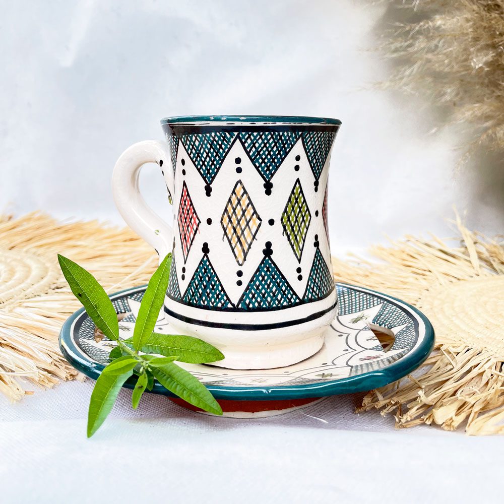 Mug Marroquí Verde - Taza de té + plato hechos a mano