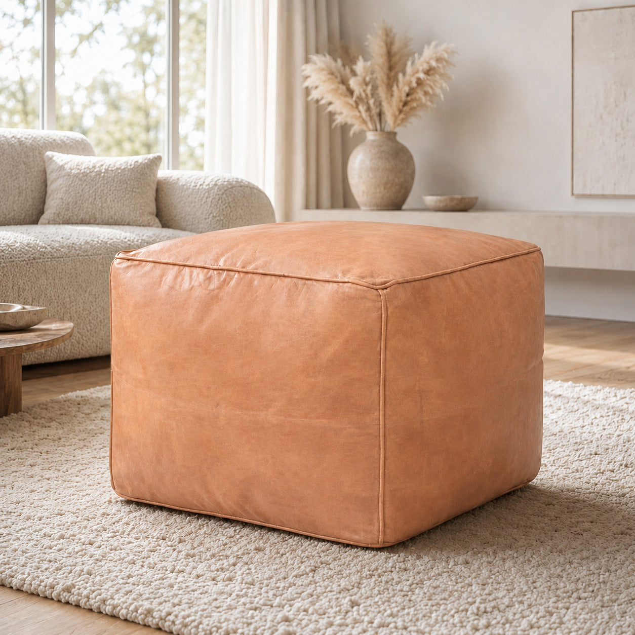 Puff de cuero cuadrado camel