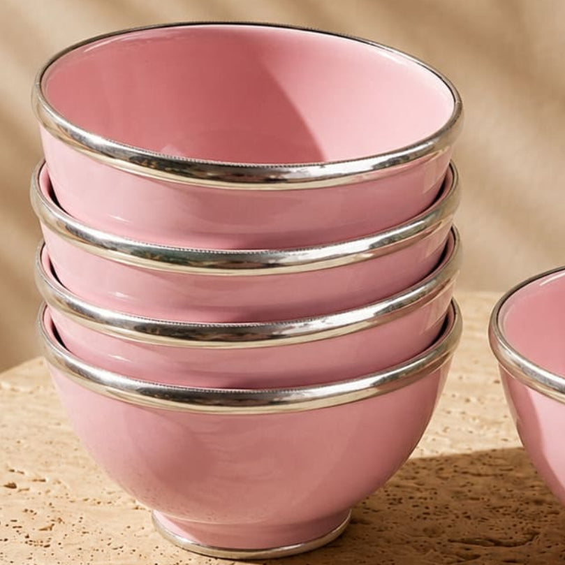 Set de 4 pocillos rosados artesanales de ceramica y aluminio