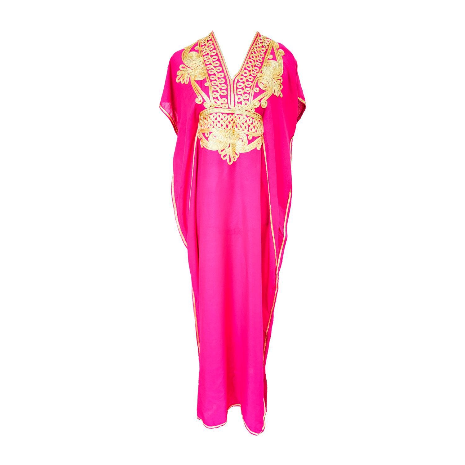 Vestido Fuccia con Diseños Dorados