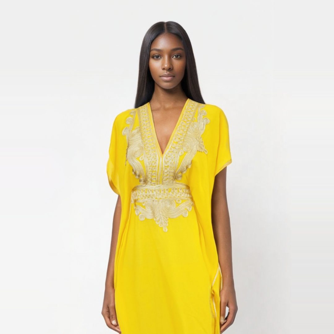 vestido kaftan marroqui color amarillo