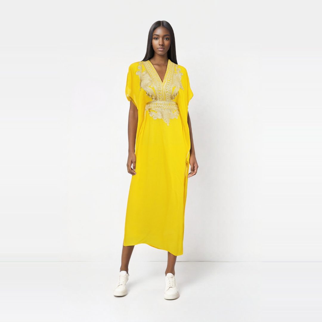 Vestido amarillo con Diseños Dorados