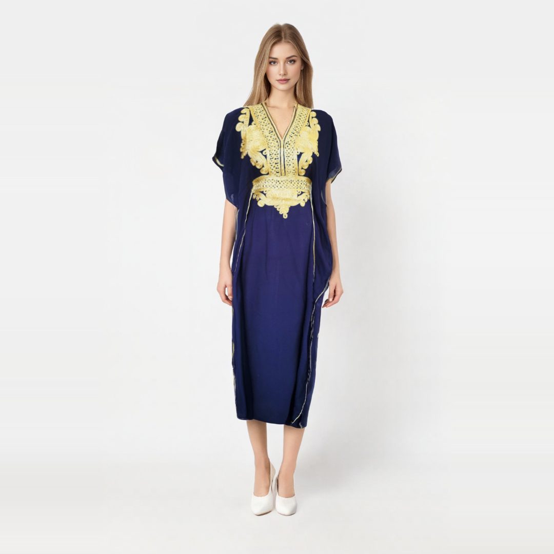 Vestido Azul marino con Diseños Dorados