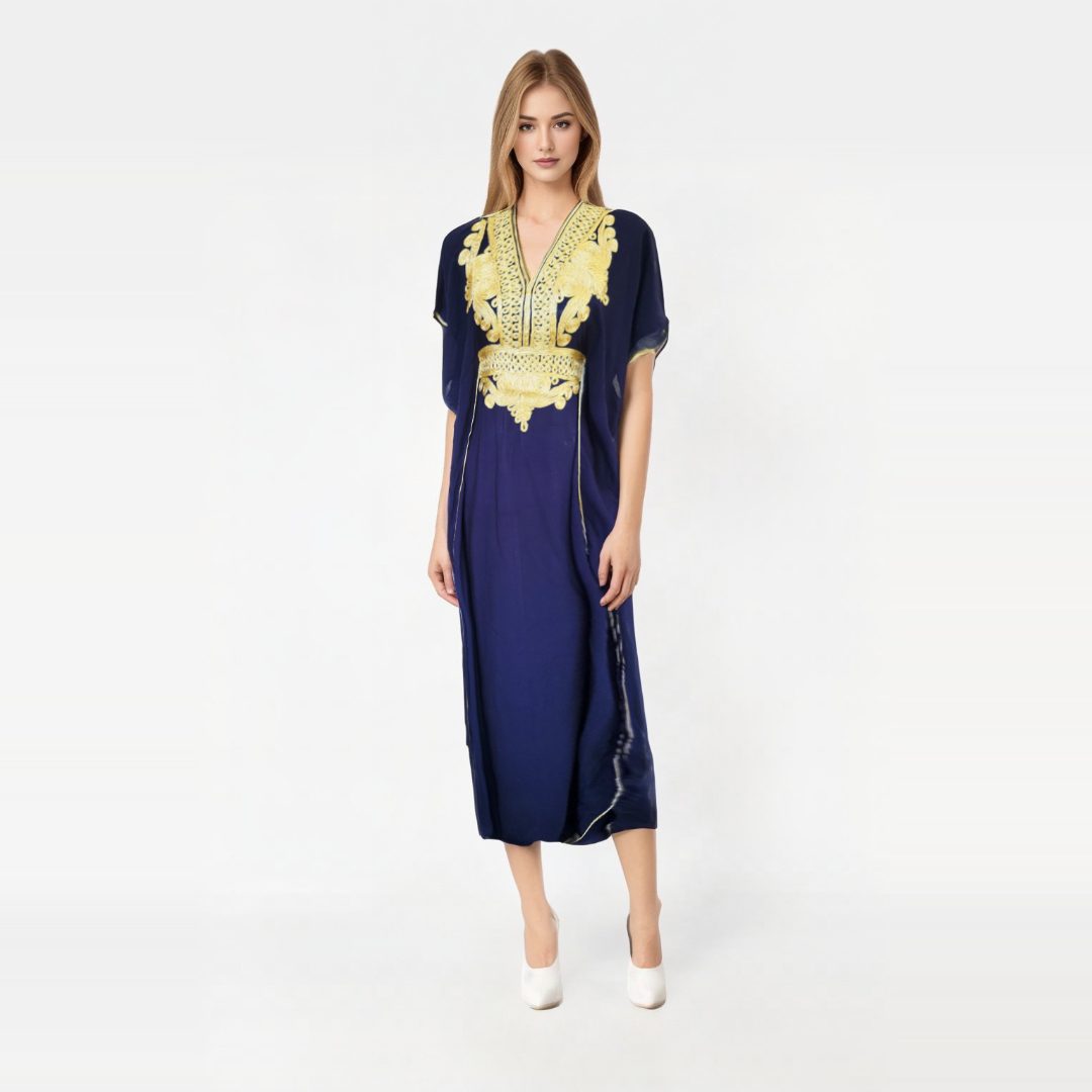 Vestido Azul marino con Diseños Dorados