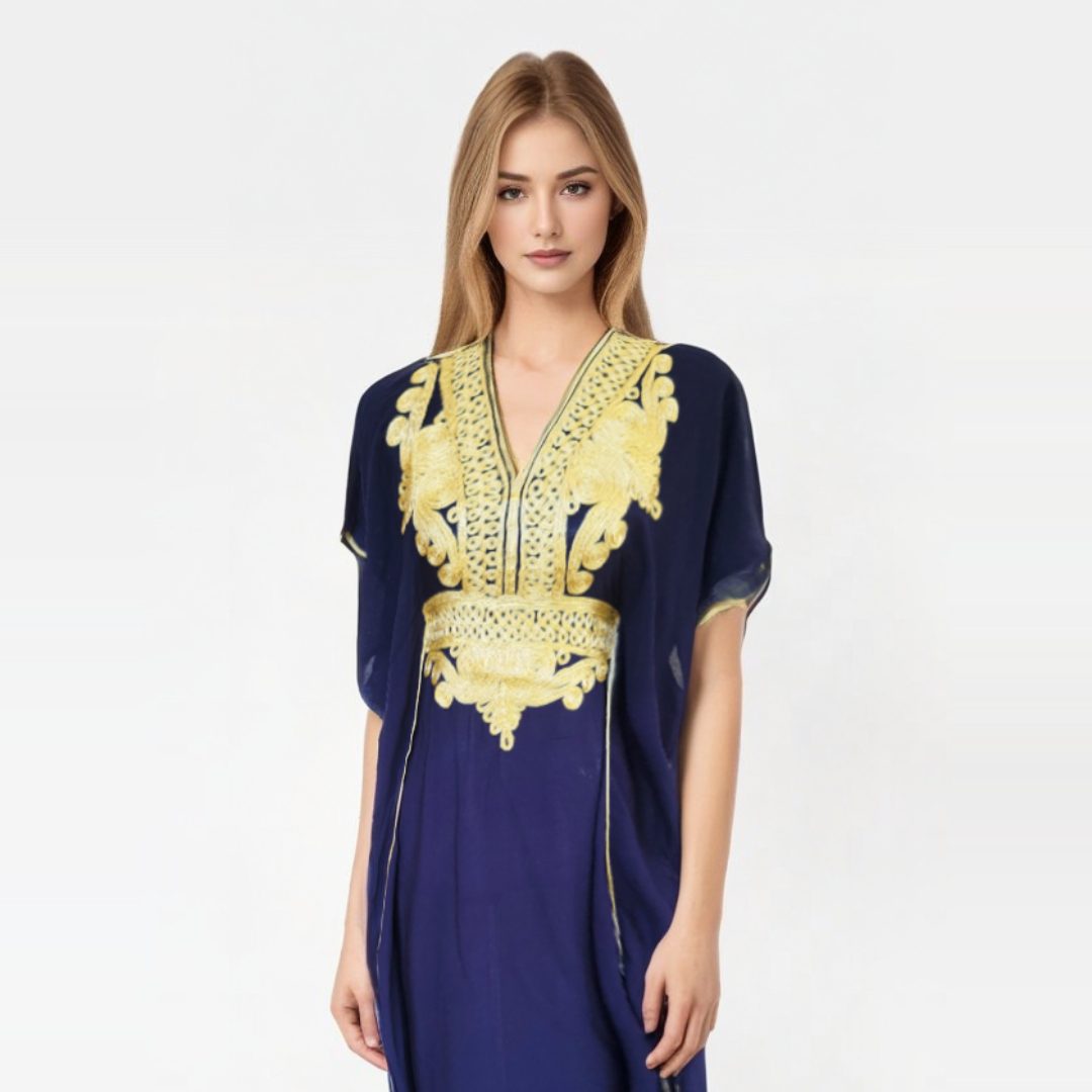 Vestido Azul marino con Diseños Dorados