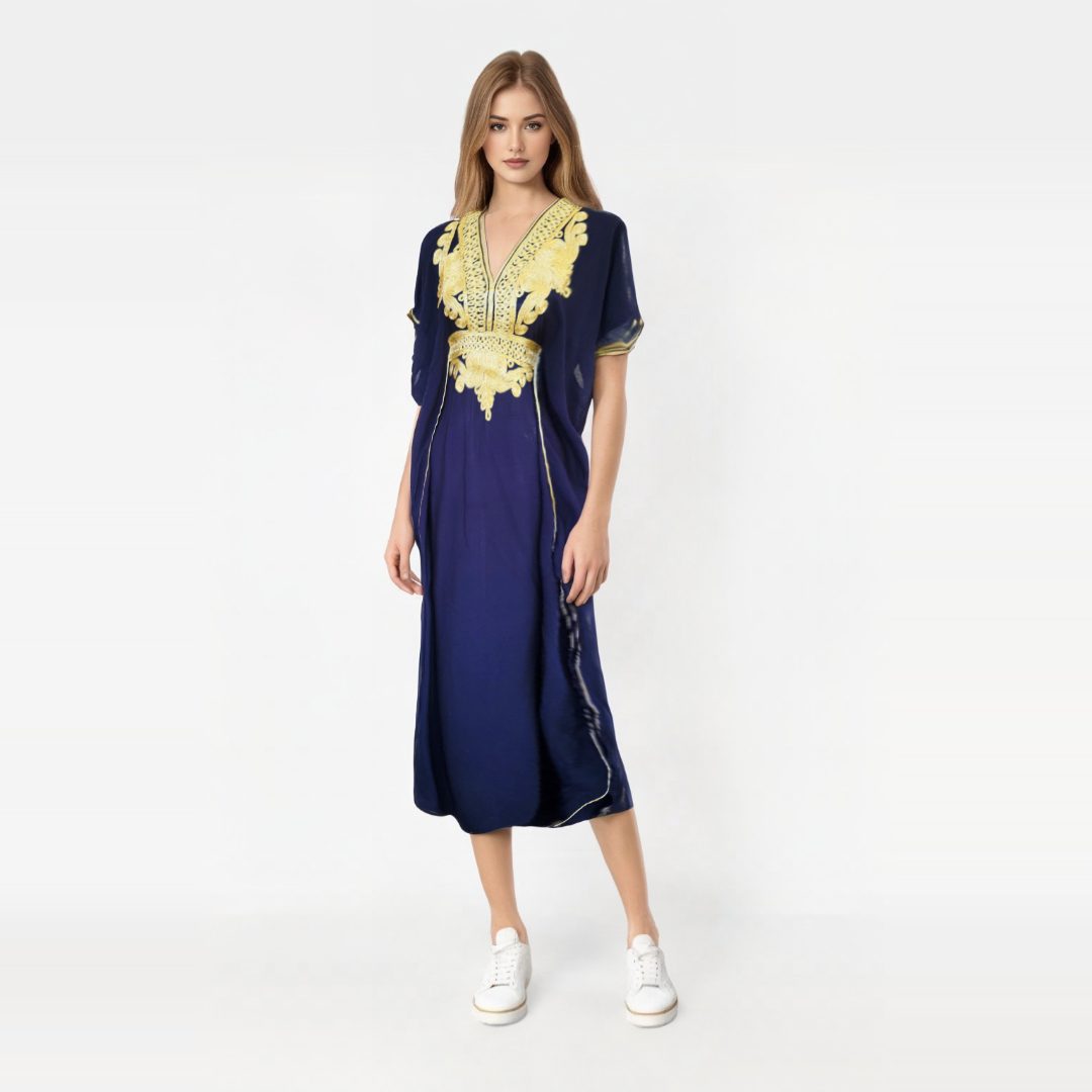 Vestido Azul marino con Diseños Dorados