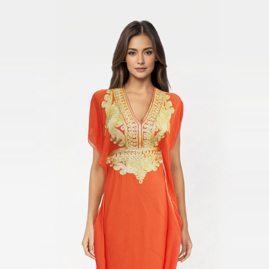 Vestido kaftan orange con Diseños Dorados
