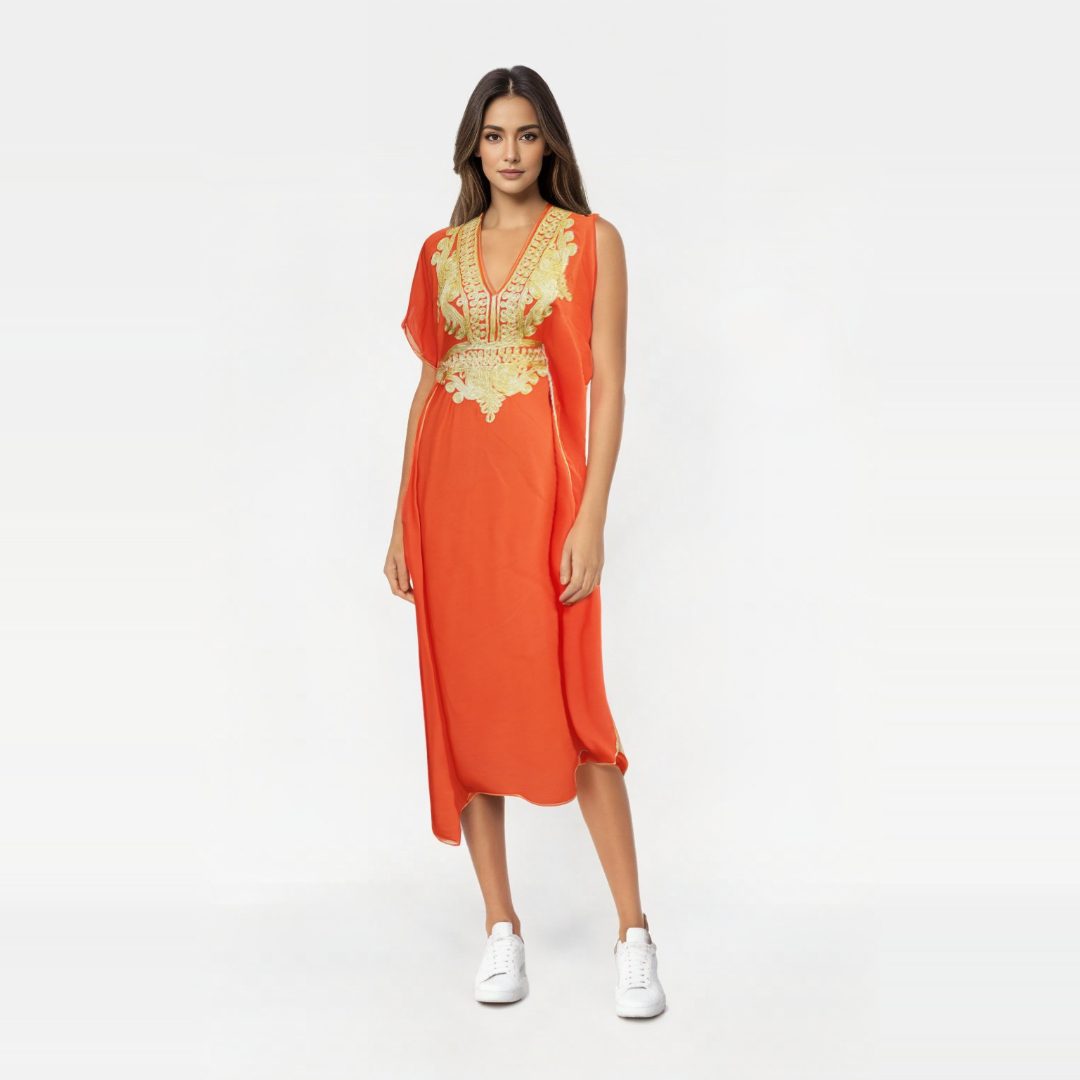 Vestido kaftan orange con Diseños Dorados