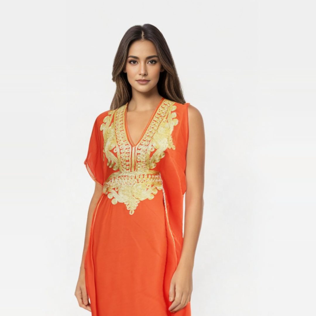Vestido kaftan orange con Diseños Dorados