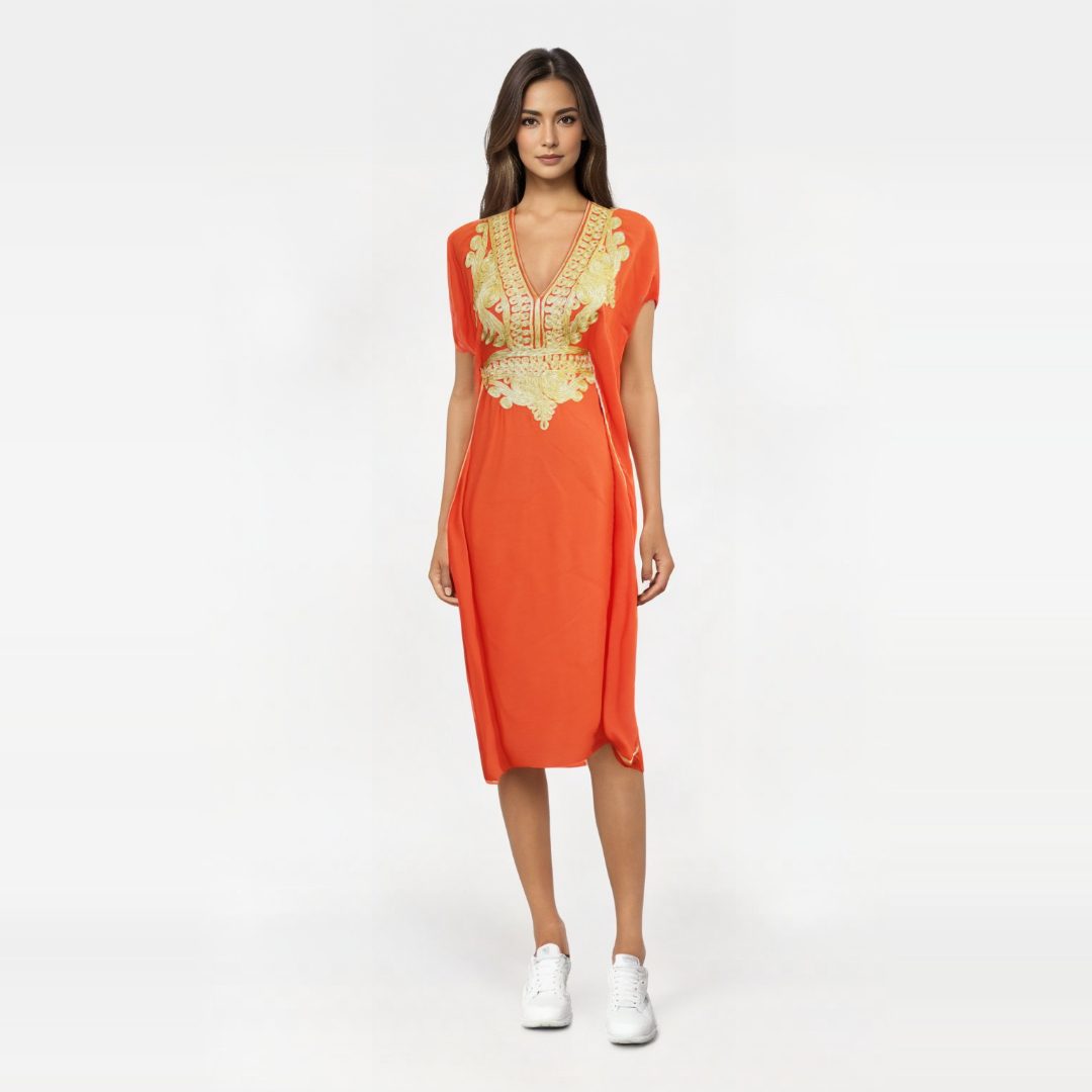 Vestido kaftan orange con Diseños Dorados