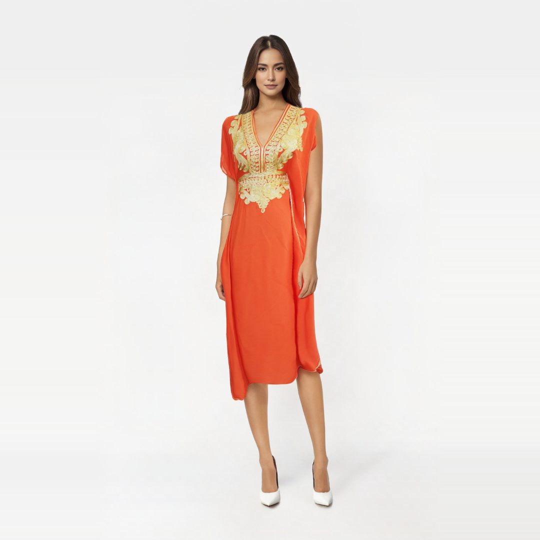Vestido kaftan orange con Diseños Dorados