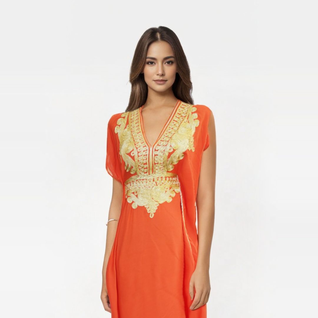 Vestido kaftan orange con Diseños Dorados