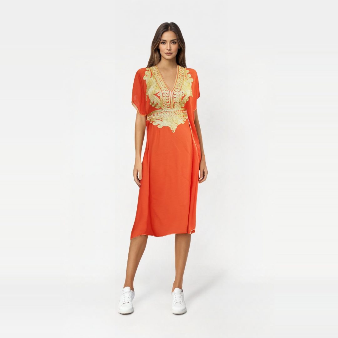 Vestido kaftan orange con Diseños Dorados