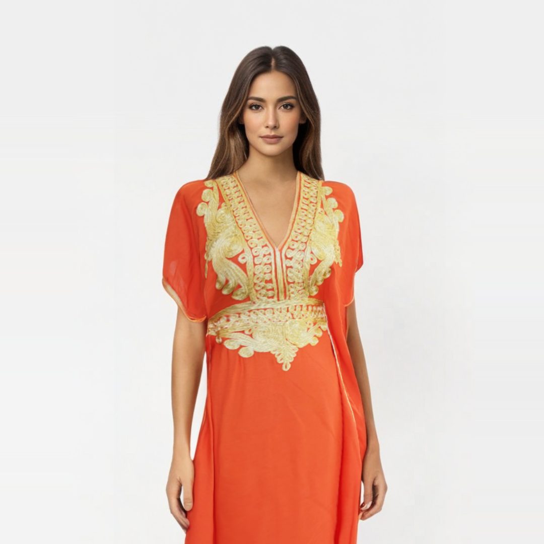 Vestido kaftan orange con Diseños Dorados