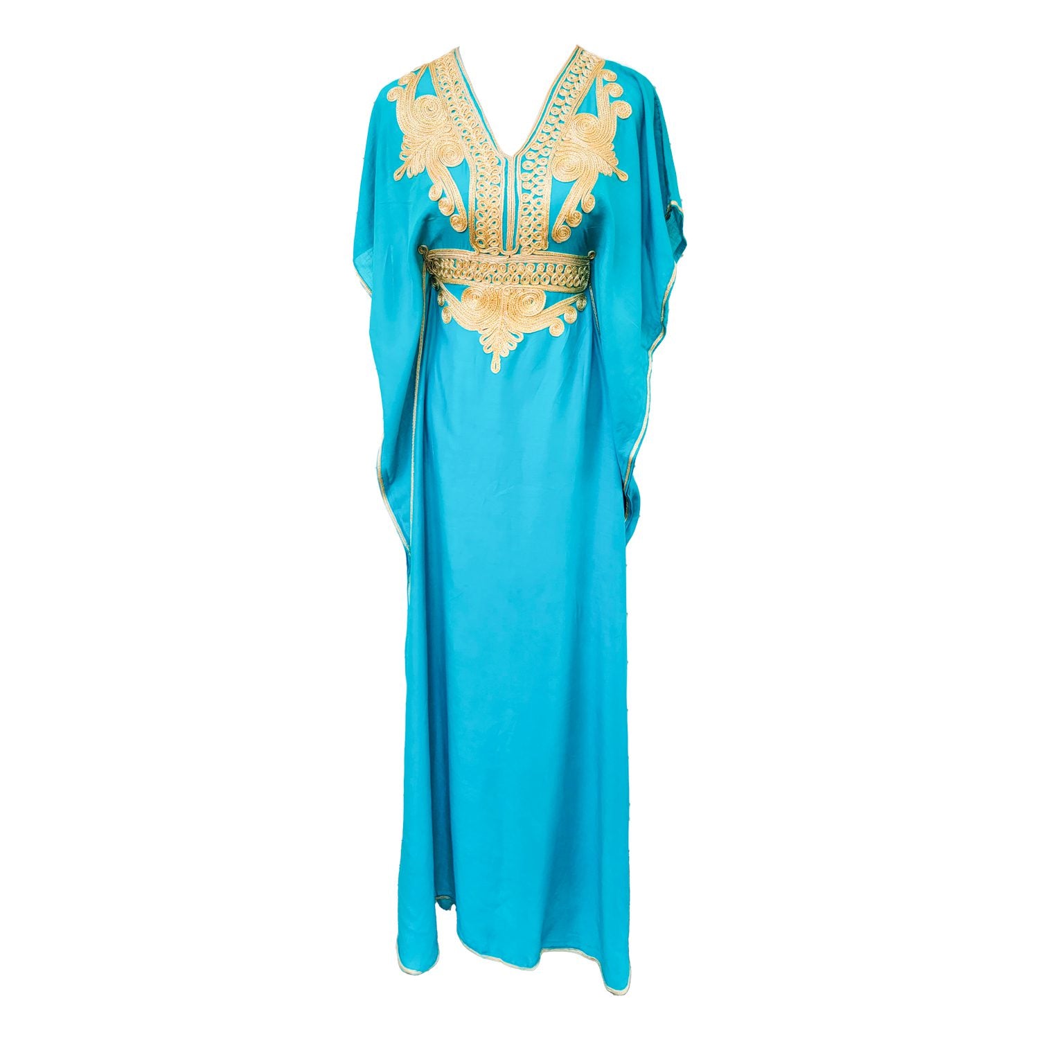 Vestido Turquesa con Diseños Dorados