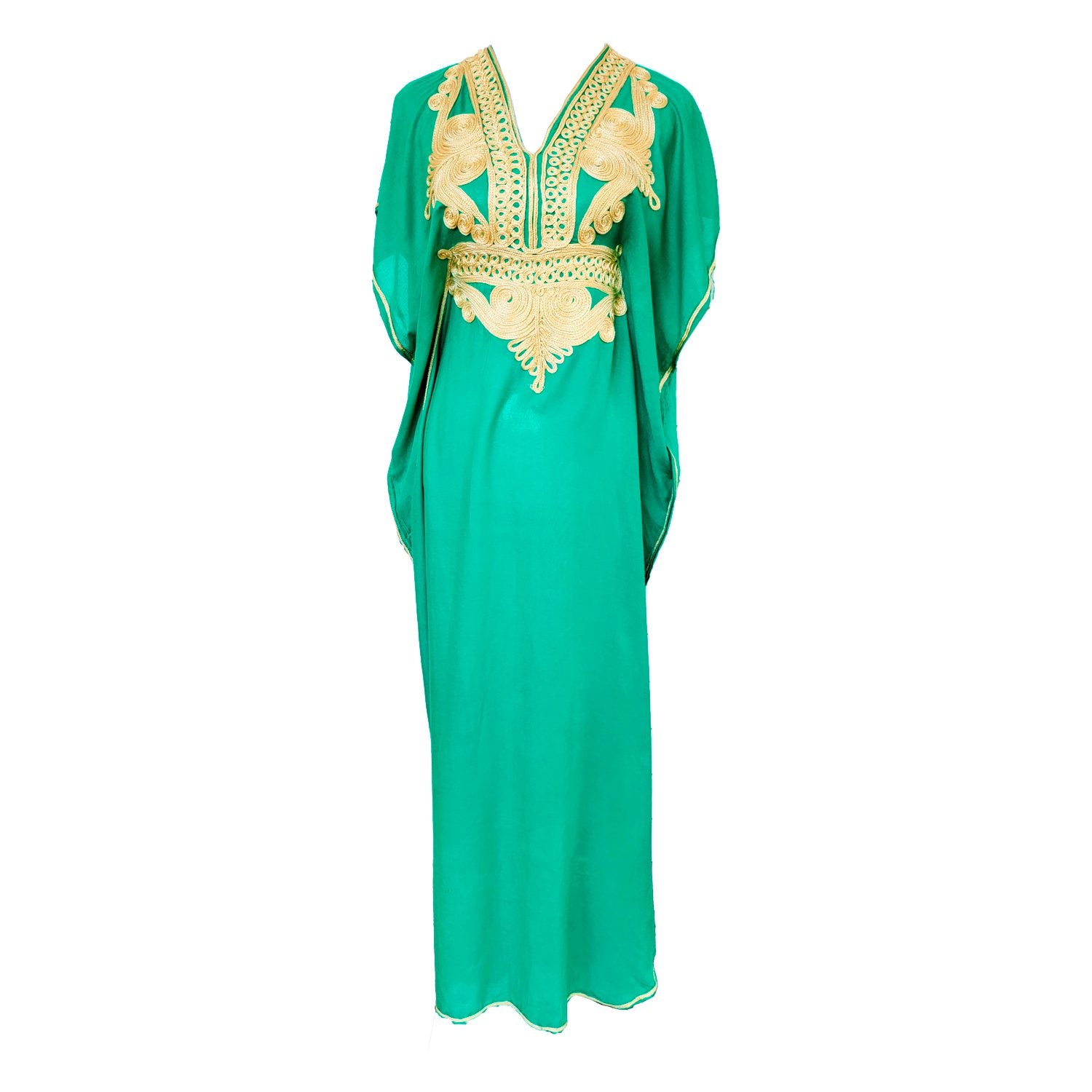 Vestido Verde Claro con Diseños Dorados
