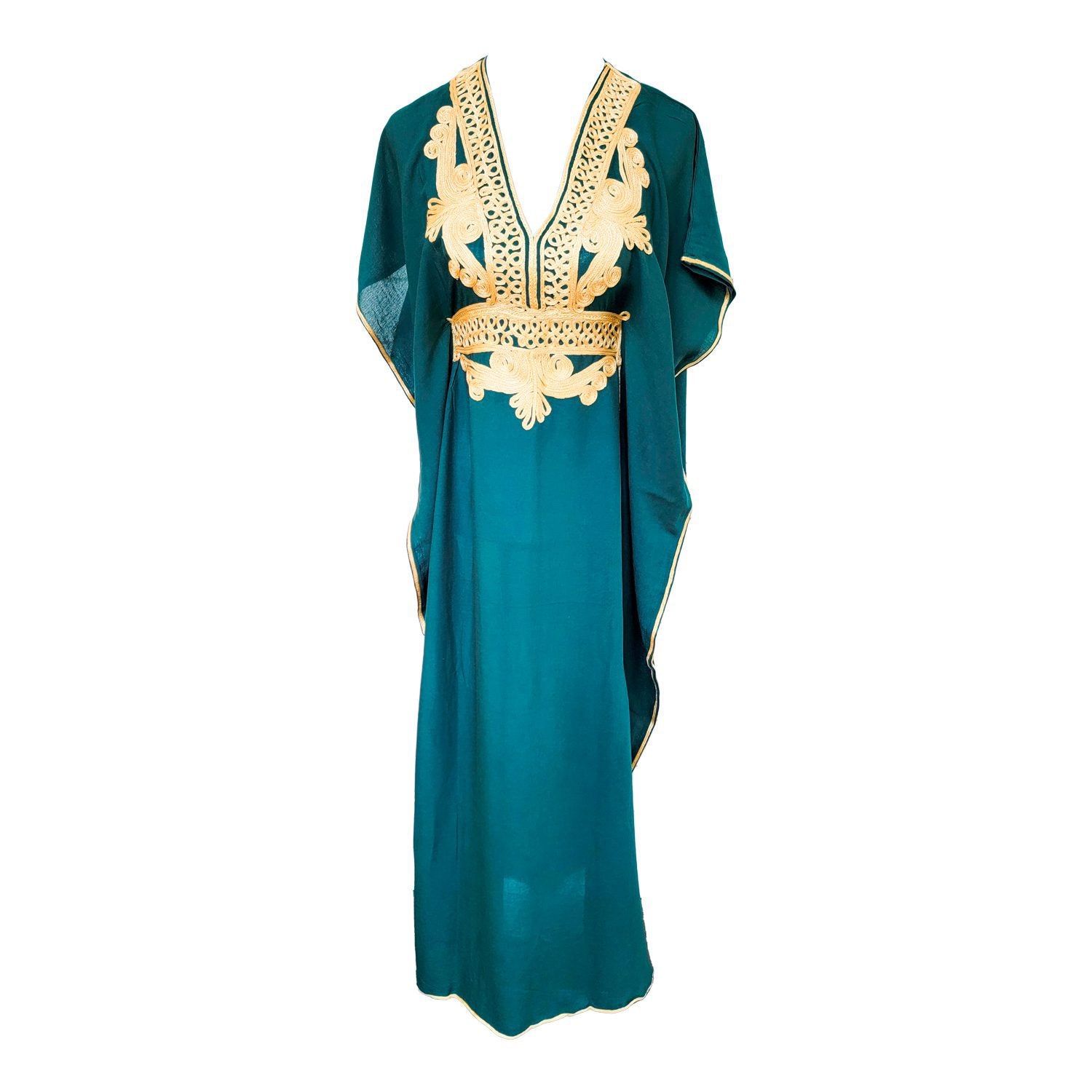 Vestido Azul con Diseños Dorados